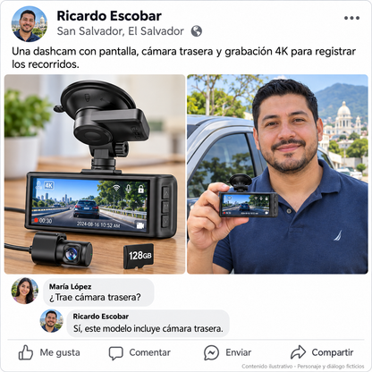 Dash Cam 3 Cámaras para Auto (Frontal + Interior + Trasera) — Protección Total al Volante