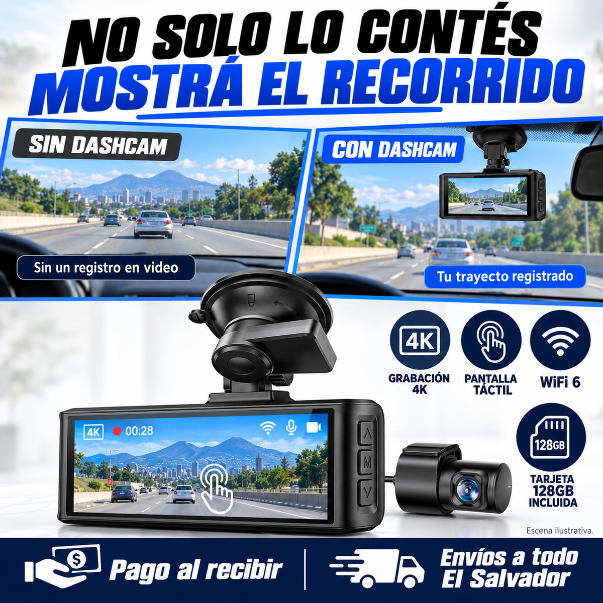 Dash Cam 3 Cámaras para Auto (Frontal + Interior + Trasera) — Protección Total al Volante