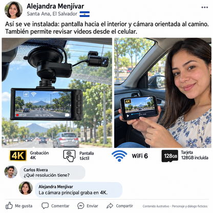 Dash Cam 3 Cámaras para Auto (Frontal + Interior + Trasera) — Protección Total al Volante